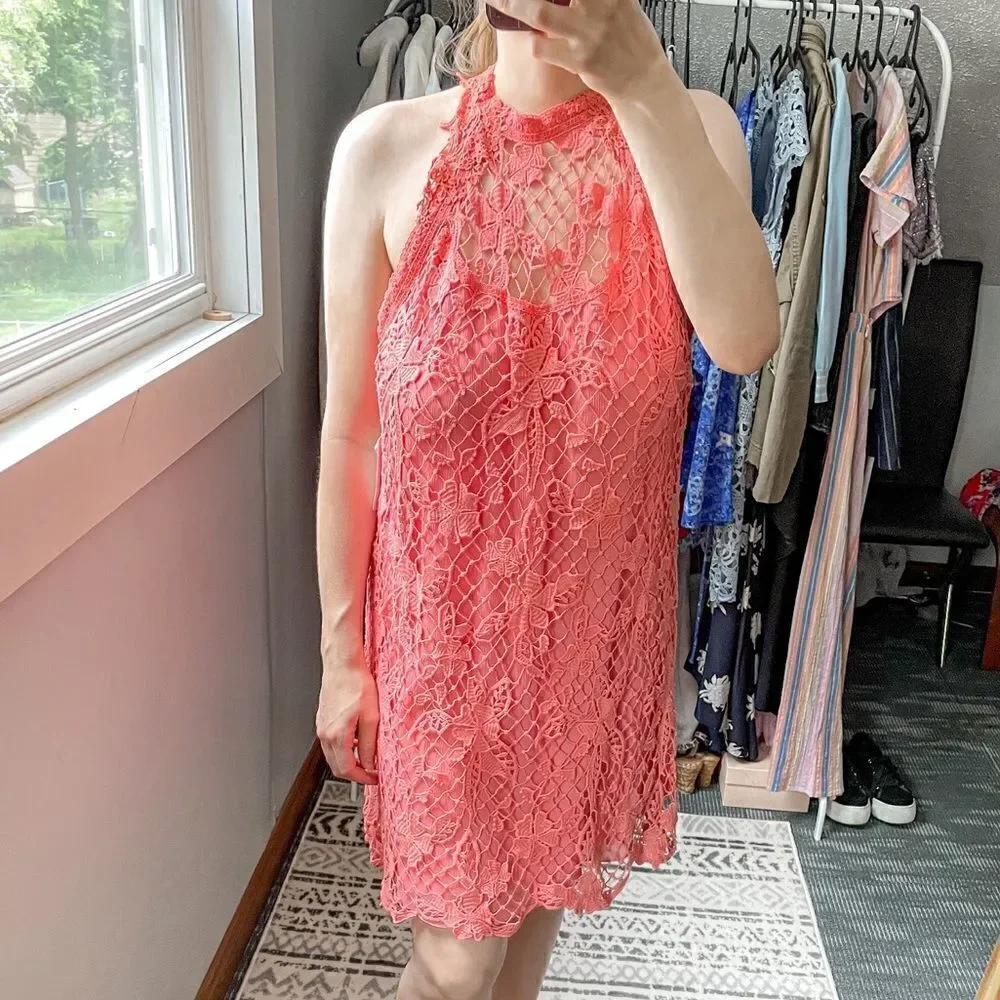 Free People Snowdrop Lace Halter Trapeze Mini Dress Coral L